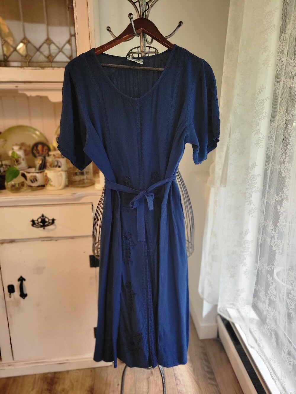 Holy Clothing Catriona Midi Blue Embroidered Royal Blue Dress with Waist Ties